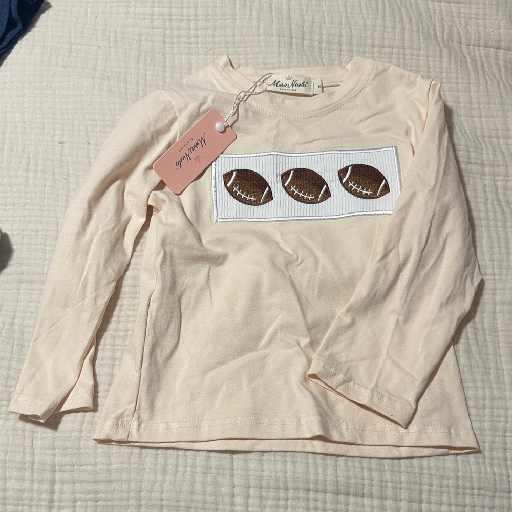 Marie Nicole Long-Sleeve Football Appliqué Shirt - Cream